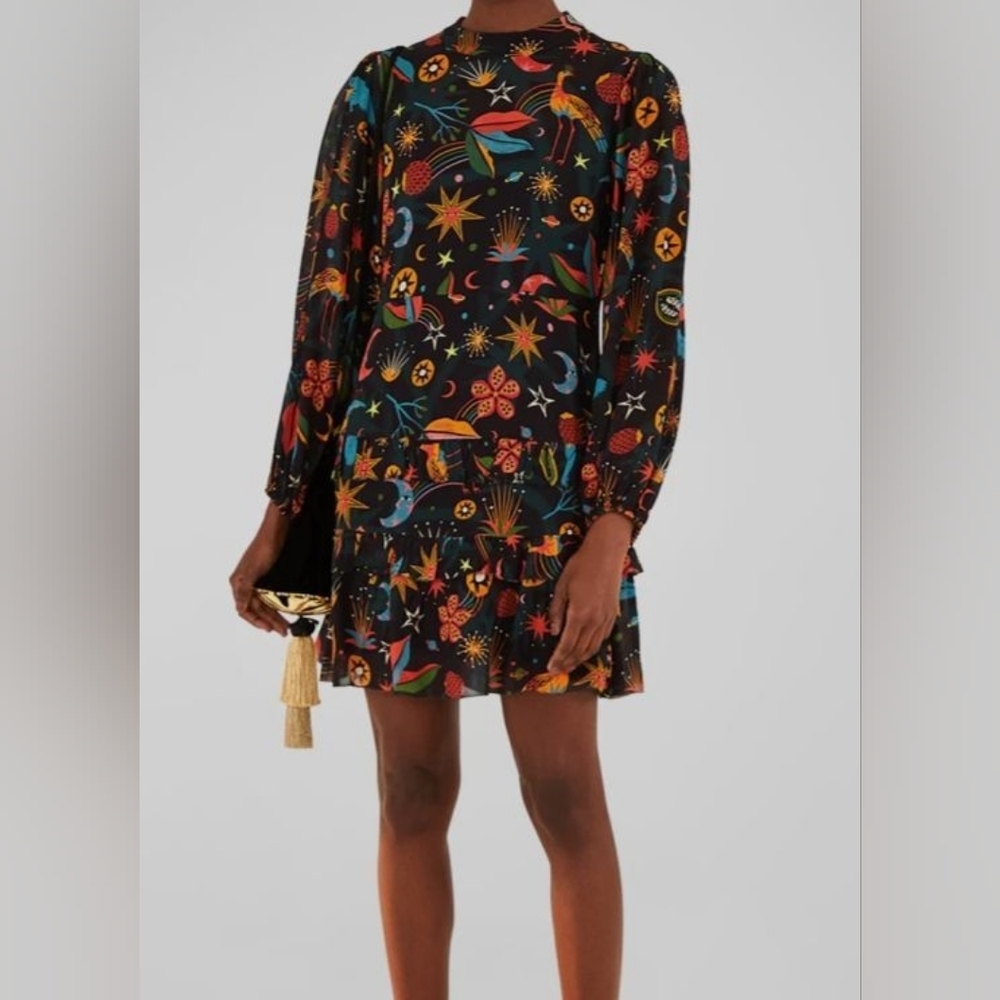 Farm Rio Black Cerrado Sky Lenzing Ecovero Mini Dress Size XL